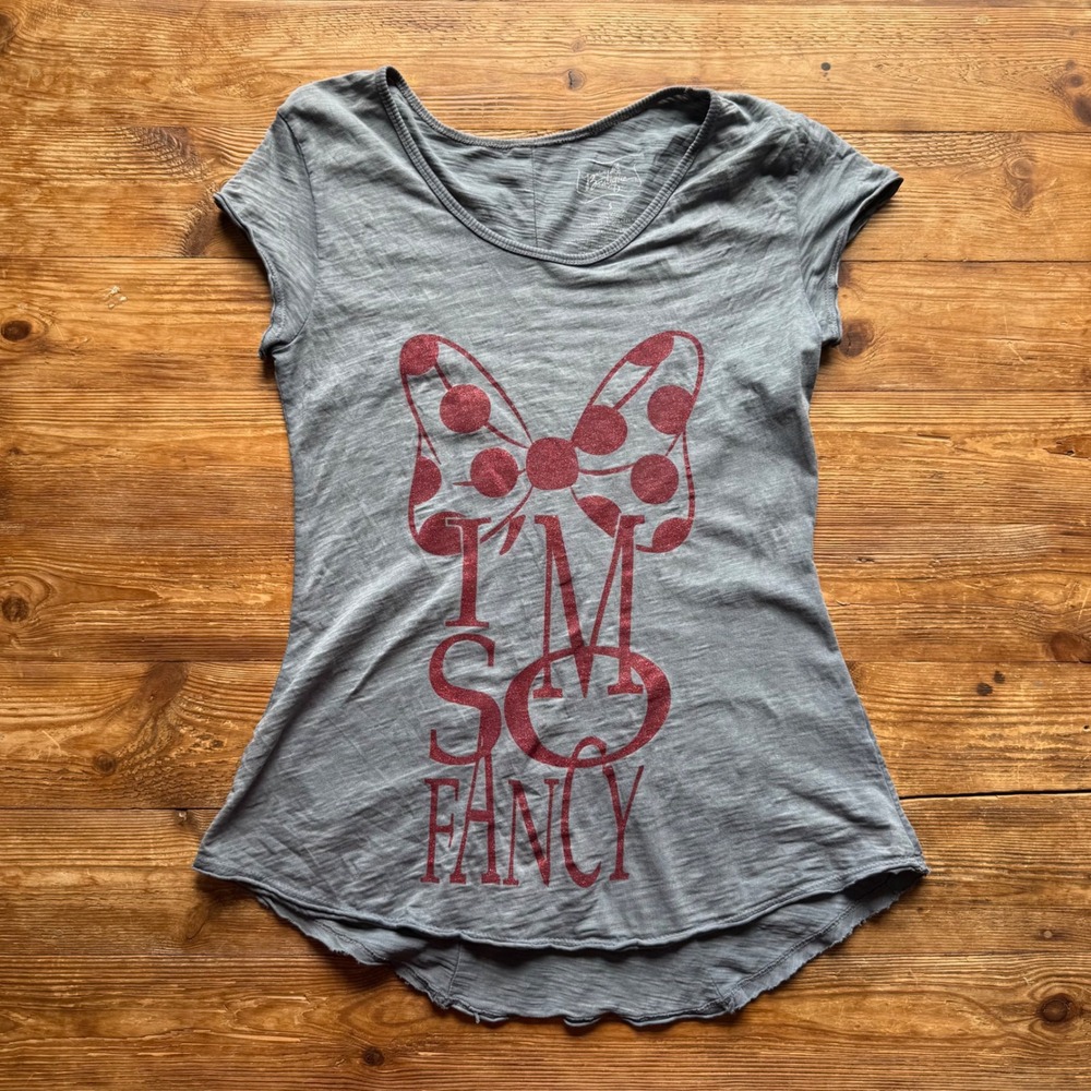 Disney Boutique Womens Gray Minnie Mouse "Im So Fancy" Glitter Graphic T-Shirt S